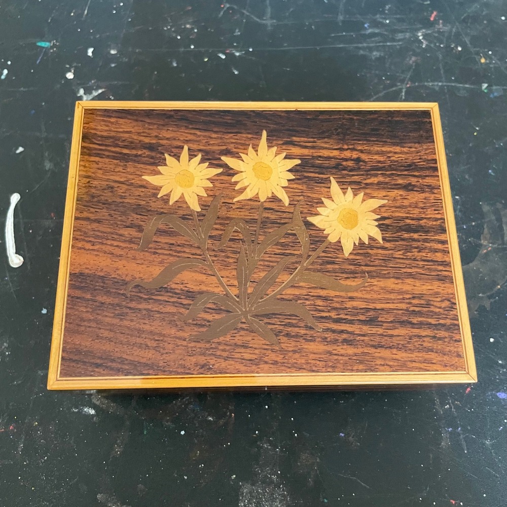 Vintage Reuge Swiss Music Box Edelweiss Inlay Wood Floral Jewelry Box Sunflower